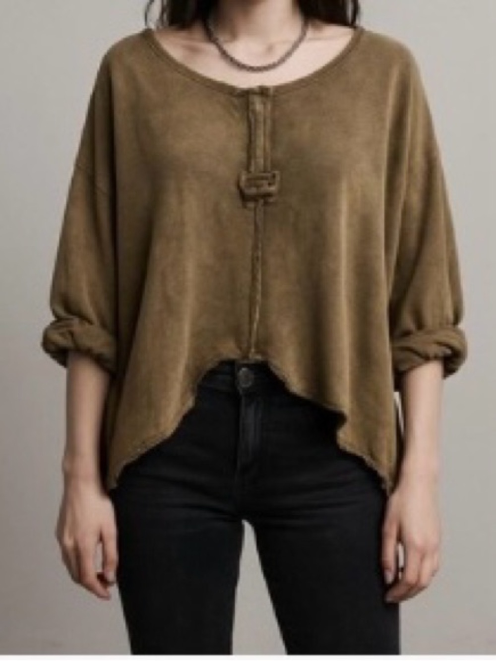 Free People Washed Olive Short Sleeve Notch Tee